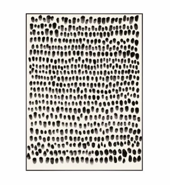 Black and white modern framed art with irregular black dots on white canvas