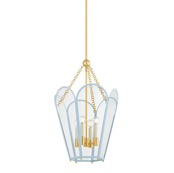 Clarisse Lantern pendant with hexagonal Aged Brass frame, arched Arctic Ocean glass panels, and four cream candle-style bulbs