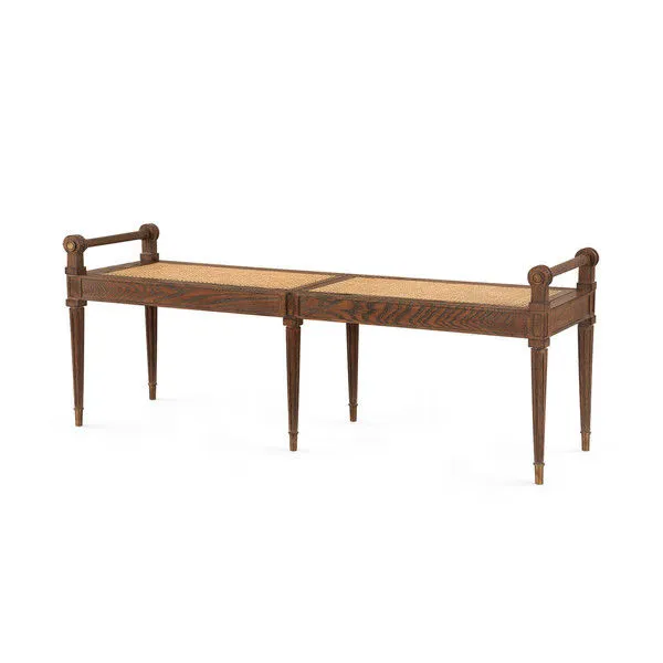 Vienna Large Bench in driftwood-stained cerused oak with handwoven cane seat and brass accents