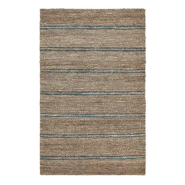 Rectangular hand-woven jute area rug with natural tan fibers and horizontal blue accent stripes