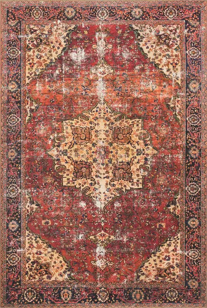 Loren Red Navy Rug with vintage medallion design and distressed red, navy, and cream tones