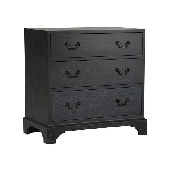 Beaufort Chest in black Cerused Oak with three drawers and nickel handles, styled on cut-out bracket feet