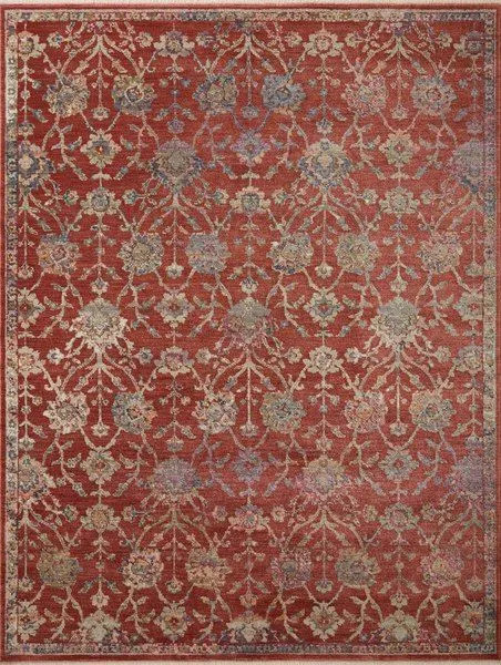 Giada red and multi rug with classic floral motifs on a warm red background, bordered with complementary colors