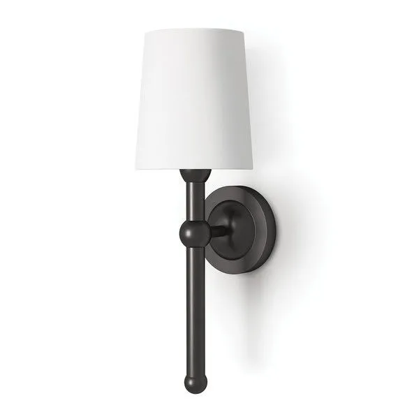 Jameson Sconce with a metal black frame and white tapered fabric shade, classic meets modern design