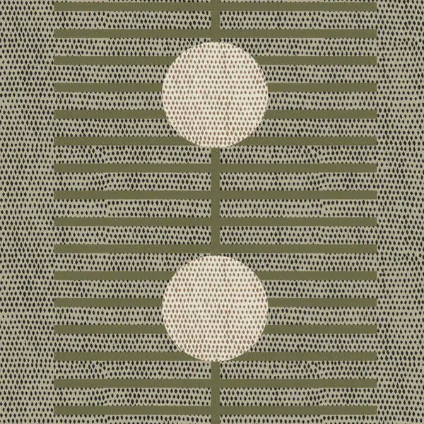 Nomalanga Premium Matte Wallpaper with olive linen background, vertical green stripes, and patterned beige circles