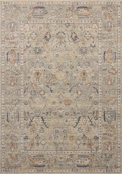Milena Sage Multi Rug with vintage motifs in neutral grey and beige tones and intricate border design