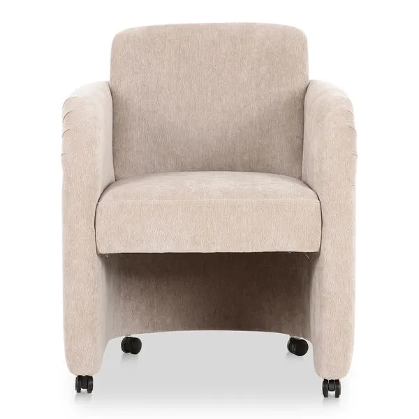 Mesto Rolling Dining Chair in beige upholstery with curved arms, well-padded seat, and rolling black casters