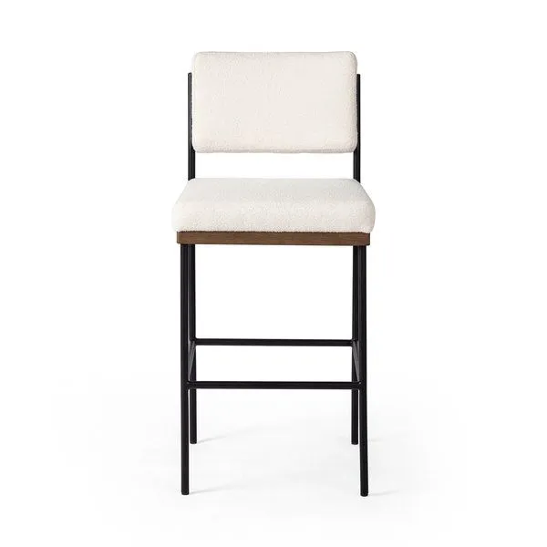 Benton Stool with slim black iron frame, oak seat decking, and white performance fabric seat and backrest