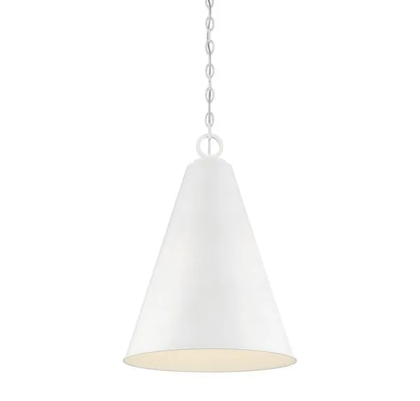 White opaque cone-shaped pendant light with interlocking circle chain, 27.75 inches tall and 18 inches wide