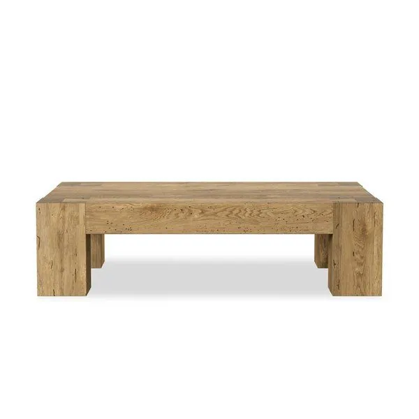 Rectangular coffee table in thick-cut oak veneer with faux rustic wormwood oak finish, chunky squared legs, dovetail joinery