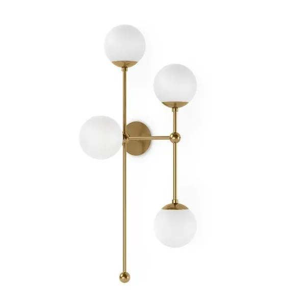 Armstrong 4 R Sconce with four matte white glass globes on smooth brass rods extending vertically and horizontally