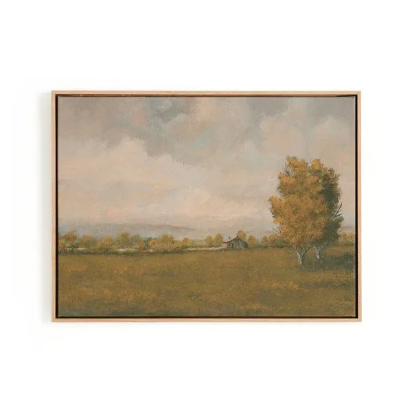 Landscape painting of a misty morning cabin surrounded by fall trees in a muted natural color palette