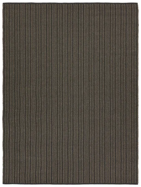 Handwoven indoor/outdoor gray and charcoal striped rug with thick textured fibers and modern undulating weave