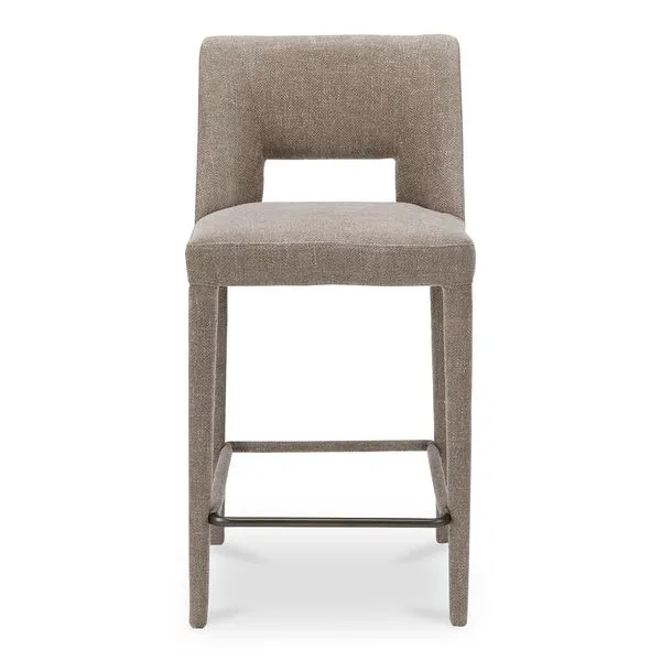 Joyce counter stool in light brown upholstery with carved lower backrest and straight, fabric-covered legs