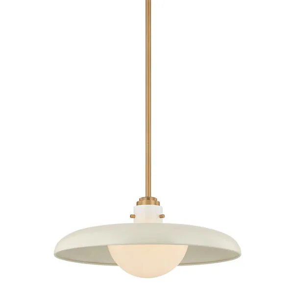 Gustavo pendant light with off white arcing disc shade and large opal glass orb, supported by patina brass stem and pins
