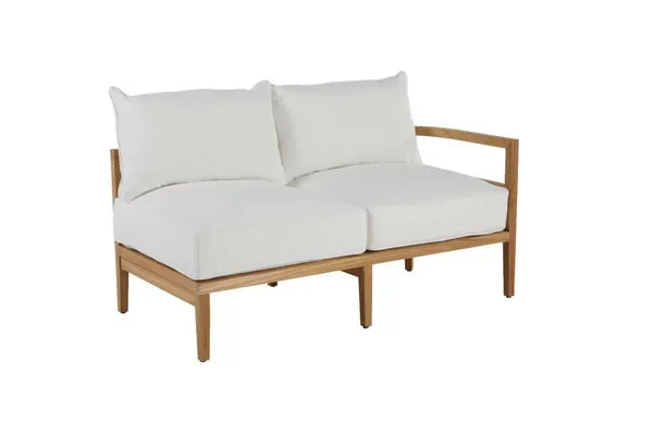 Santa Barbara Teak Right Arm Facing outdoor sofa with light wood frame and white cushions