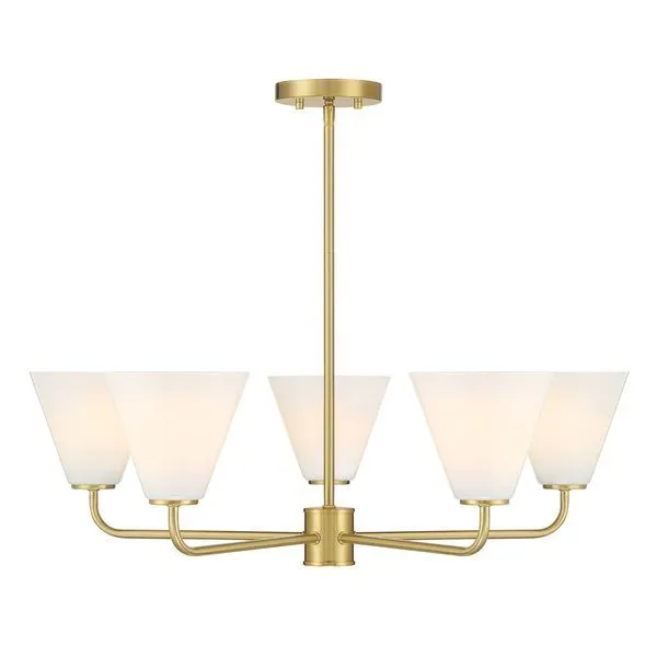 Blair 5-light chandelier with warm brass arms and five swirling strie glass shades facing upward
