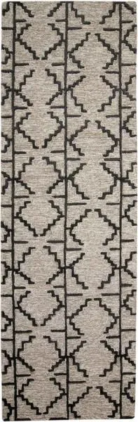 Long taupe area rug with black geometric stepped diamond pattern, hand-tufted wool, 2'6" x 8"