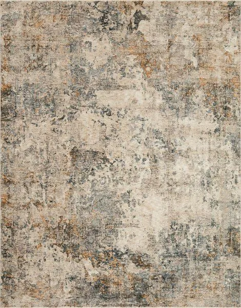 Axel Ocean / Beige Rug with abstract strokes in muted beige, gray, and ochre tones, power-loomed polyester pile.