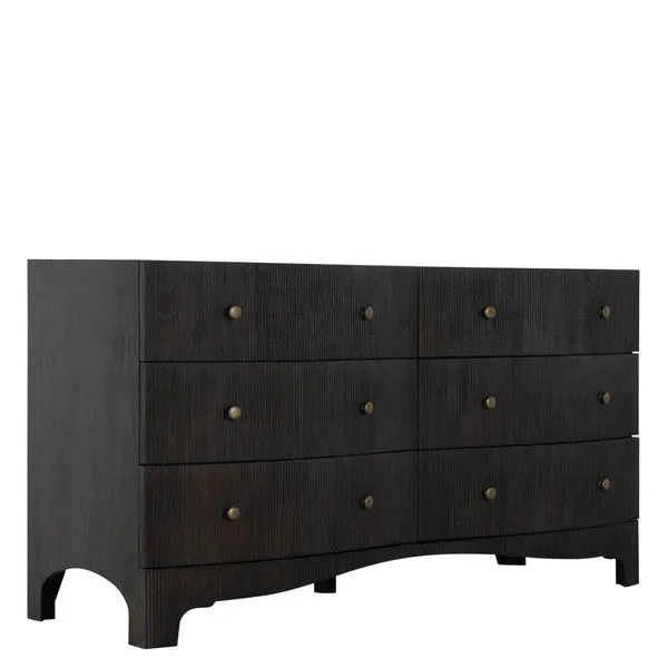 Princeton Dresser with curved drawer fronts, vertical ribbing texture, cerused forest black finish and brushed bronze hard...
