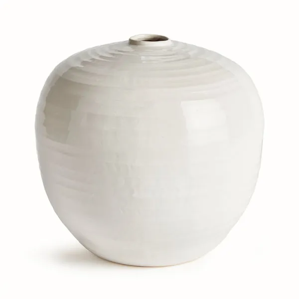 Emerson Vase with classic rotund terracotta shape, narrow opening, and glossy white reactive glaze