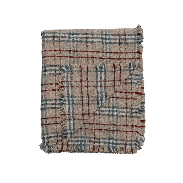 Fireside Fringe Plaid Comfort Throw in neutral beige with red and blue plaid pattern and fringed edges