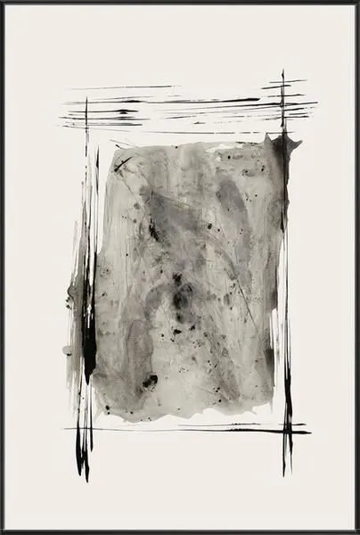 Abstract painting with bold black strokes framing a textured gray center, evoking raw energy and movement