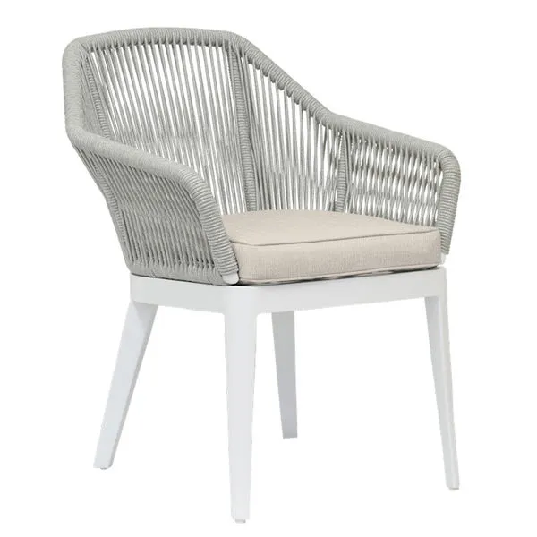 Miami Dining Chair with silver-grey all-weather rope back and arms, white aluminum tapered legs, and beige cushion