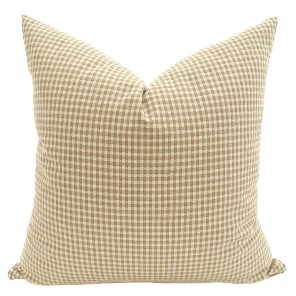 Square pillow cover with beige and white vintage gingham pattern in soft designer fabric