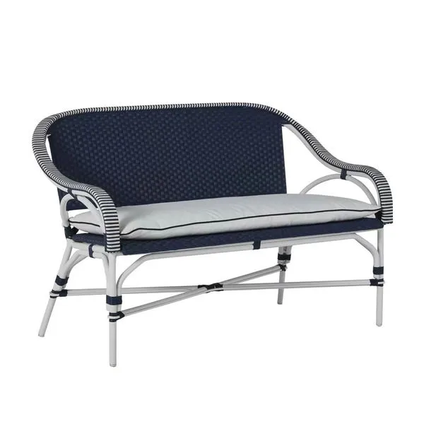 Savoy Loveseat with navy handwoven resin wicker back and seat, white striped resin wicker arms, and white wrought aluminum...