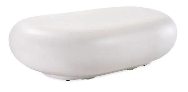 White glass fiber reinforced concrete outdoor coffee table with smooth rounded pebble shape and matte finish