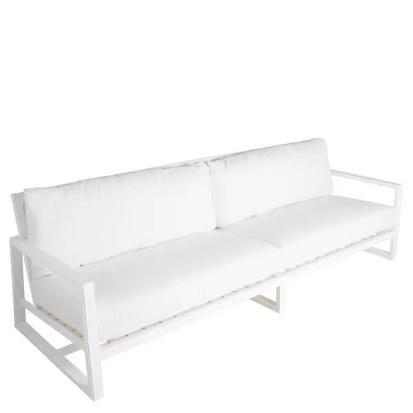 Avondale Aluminum Sofa with white cushions and clean-lined angular white metal frame