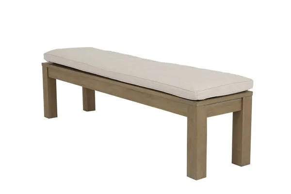 Coastal Teak Dining Bench with warm grey teak finish and beige cushion, sleek angular legs and open silhouette