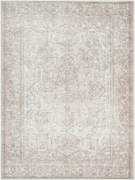 Margot Brown/Amber vintage style area rug with muted floral medallion and intricate border in soft brown and amber tones