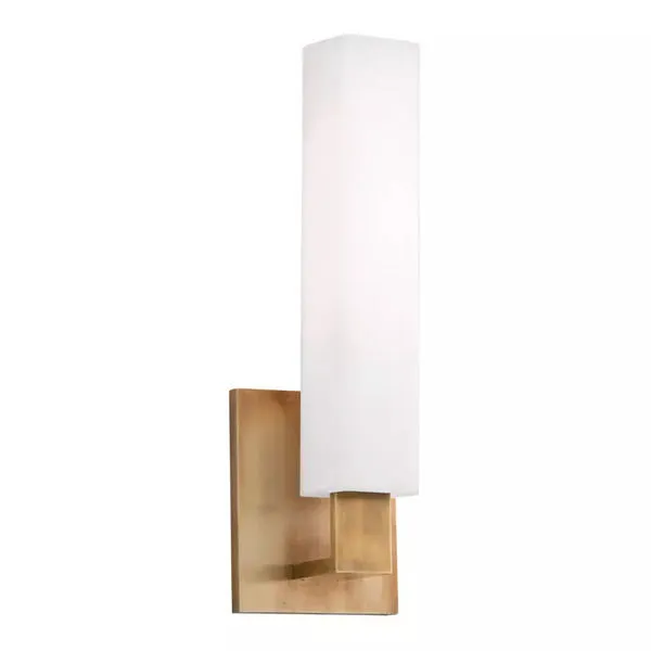 Livingston 1 Light Bath Bracket with long white rectangular diffuser and smooth brass-finished metal arm and backplate