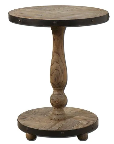 Close-up side view highlighting turned wood pedestal base and metal band detail around table edges