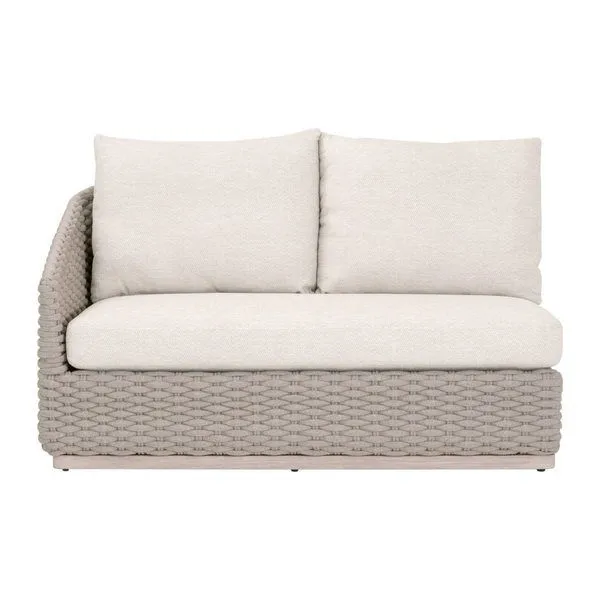 Caspian Outdoor Modular Left Facing 1-Arm Sofa with taupe woven rope and beige cushions on teak base
