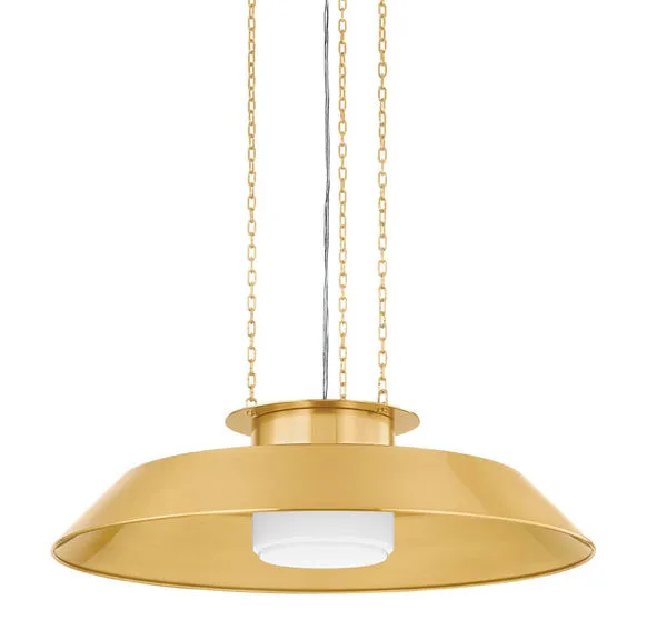 Close-up of Woodrow Pendant’s opal cylindrical shade with brass reflector above
