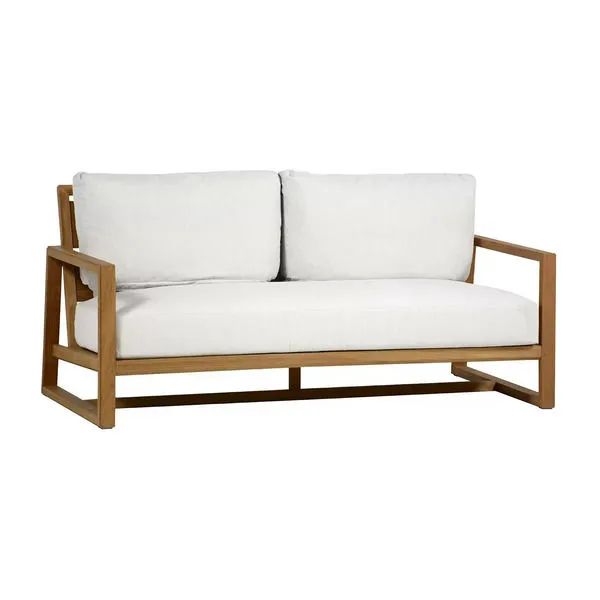 Avondale Natural N-dura Loveseat with light wood frame and off-white seat and back cushions