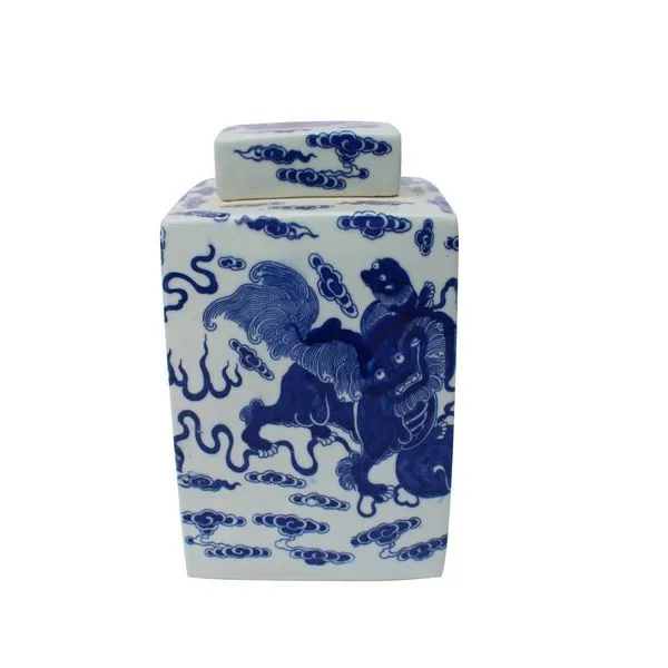 Product Image 1 for Blue & White Foo Dog Square Tea Jar from Legend of Asia