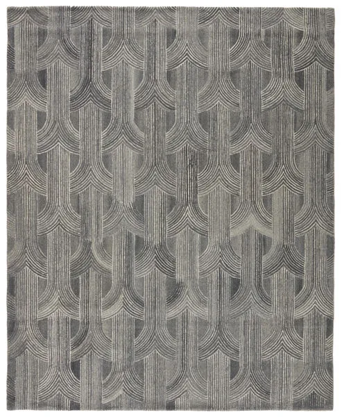 Rectangular gray wool rug with a modern trellis pattern featuring alternating light and dark curved lines