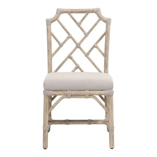 Bayview Dining Chair with solid mahogany frame, taupe fabric cushion, and white rope wrapped lattice back and legs