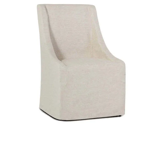 Classic dining chair in neutral gray upholstery with sloping arms and castors for easy mobility