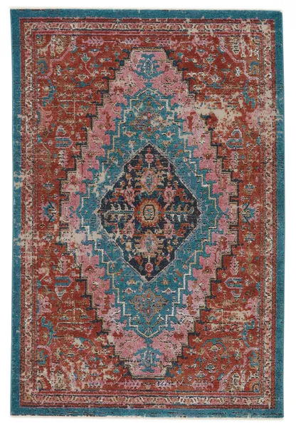 Traditional rectangular rug with distressed bohemian medallion in rust, teal, pink, and blue colors