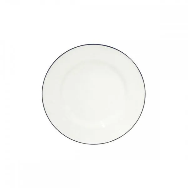 White ceramic stoneware plate with sleek blue rim, smooth surface, and slightly raised edge