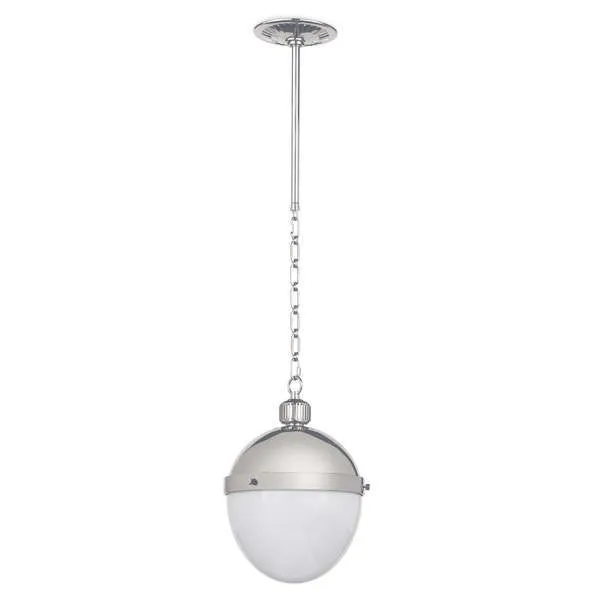 Otis Pendant Medium with oval milk glass diffuser and polished metal top, suspended by chain and rod