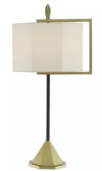 Hopper Table Lamp with brushed brass pyramid base, oil-rubbed bronze slender arm, and angular off-white shantung shade