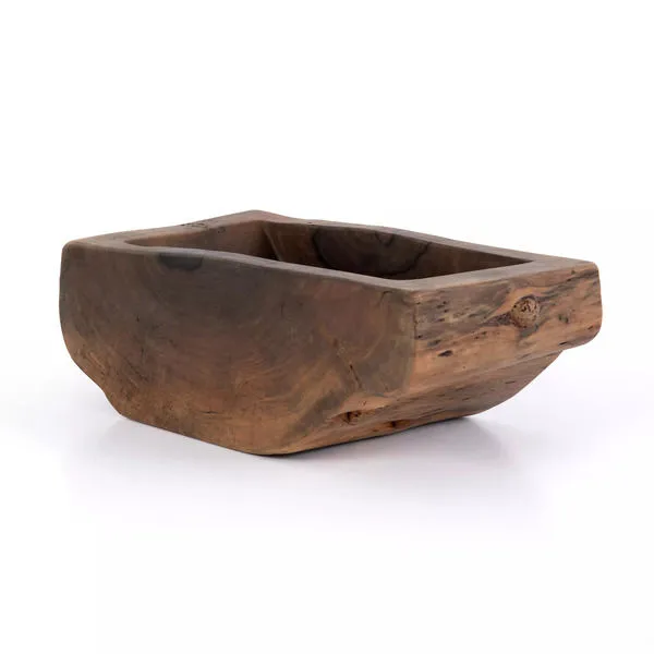 Centro Wood Bowl with mixed reclaimed woods, rectangular shape, thick walls, and visible natural wood grain and knots