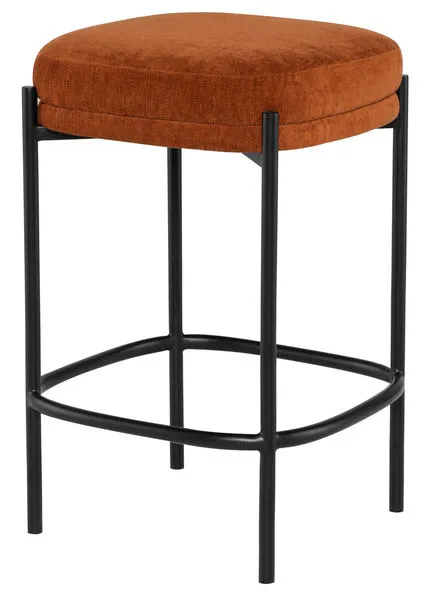 Backless counter stool with terra cotta polyester seat and black metal frame featuring rounded square legs