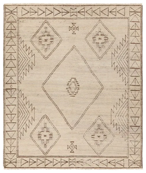 Taupe and tan handknotted wool rug with tribal open medallion and geometric border designs